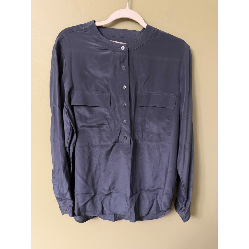 Banana Republic Silk Top Womens Large Gray Long Sleeve Band Collar Henley